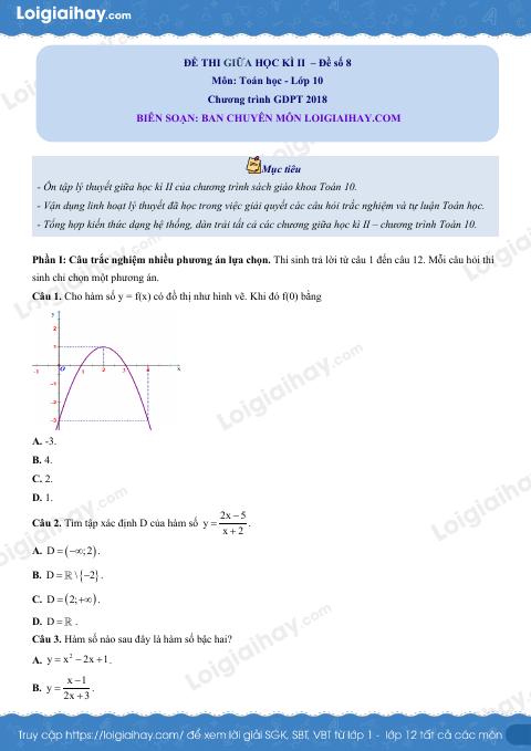 Đề thi giữa kì 2 Toán 10 - Đề số 8